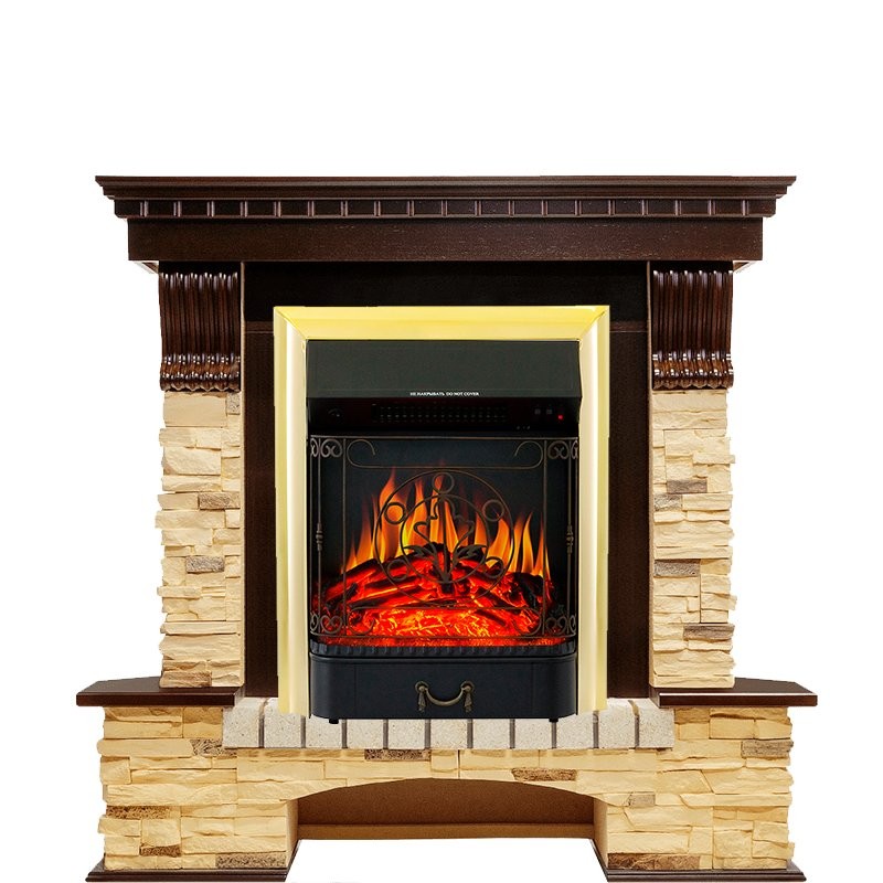 Каминокомплект Royal Flame Pierre Luxe угловой - Темный дуб / Сланец с очагом Majestic FX Brass
