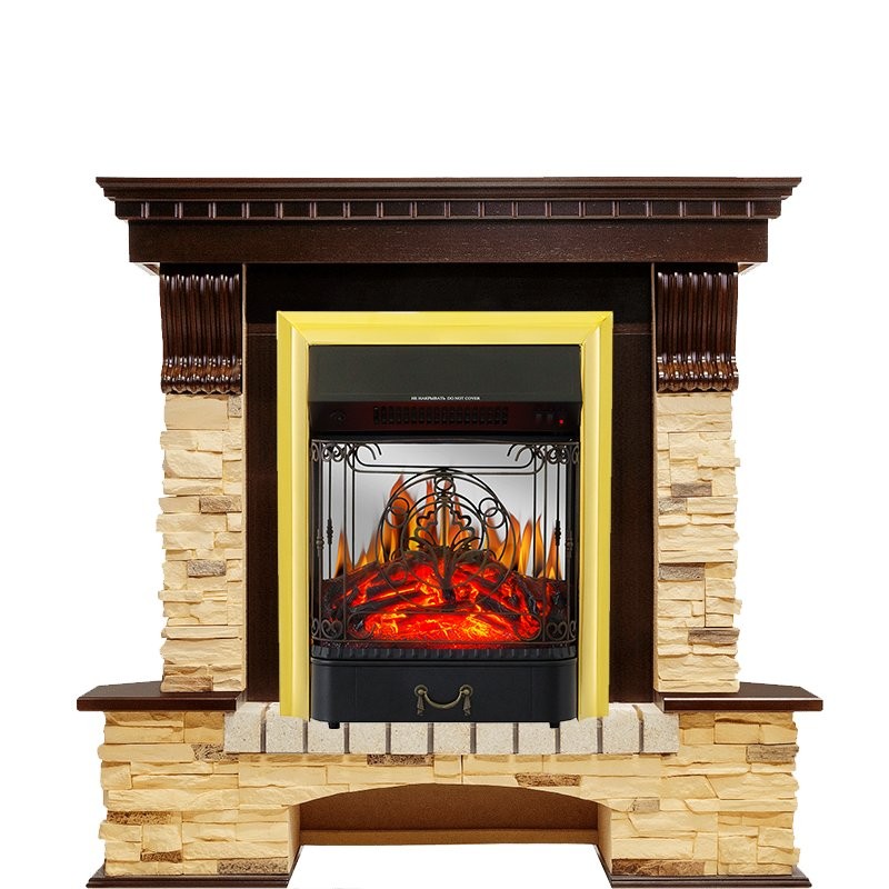 Каминокомплект Royal Flame Pierre Luxe угловой - Темный дуб / Сланец с очагом Majestic FX M Brass