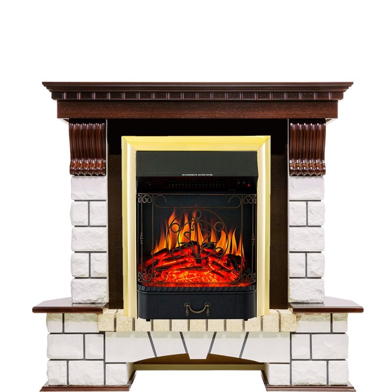 Каминокомплект Royal Flame Pierre Luxe угловой - Темный дуб / Белый с очагом Majestic FX Brass