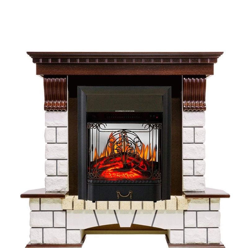 Каминокомплект Royal Flame Pierre Luxe угловой - Темный дуб / Белый с очагом Majestic FX M Black